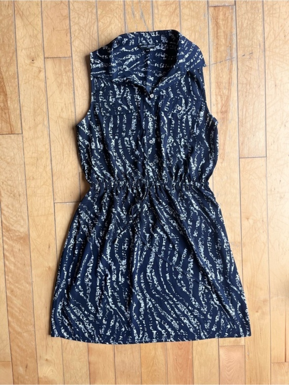 Mario Serrani Zebra Print Navy Sleeveless Shirt Tie Waist Dress Size Medium